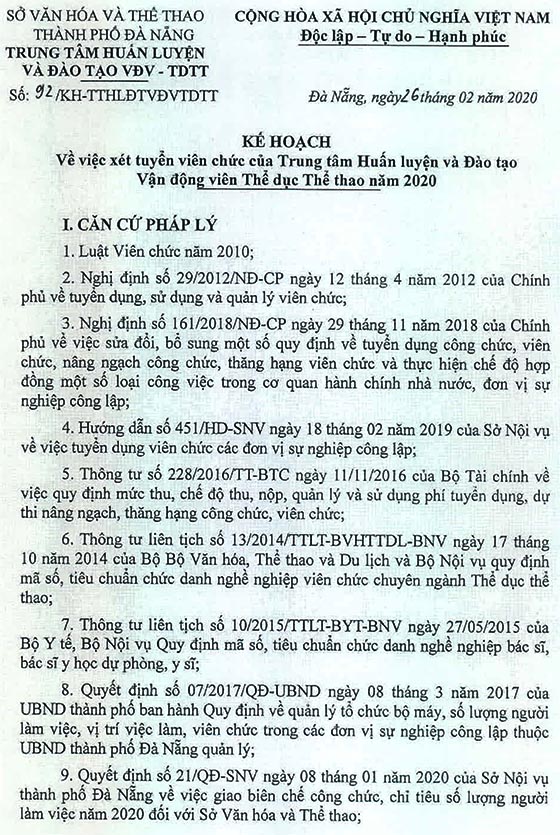Trung tâm Huấn luyện và Đào tạo Vận động viên Thể dục thể thao TP.Đà Nẵng tuyển dụng viên chức năm 2020