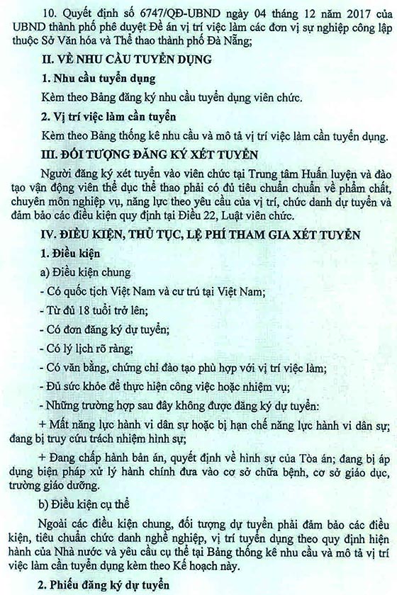 Trung tâm Huấn luyện và Đào tạo Vận động viên Thể dục thể thao TP.Đà Nẵng tuyển dụng viên chức năm 2020