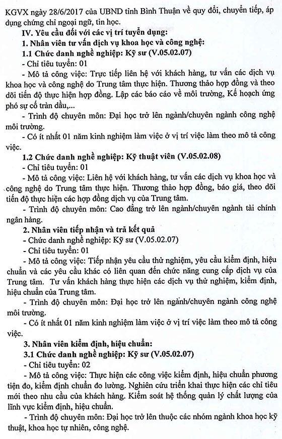 Trung tâm Kỹ thuật Tiêu chuẩn Đo lường Chất lượng Bình Thuận tuyển dụng viên chức năm 2020 