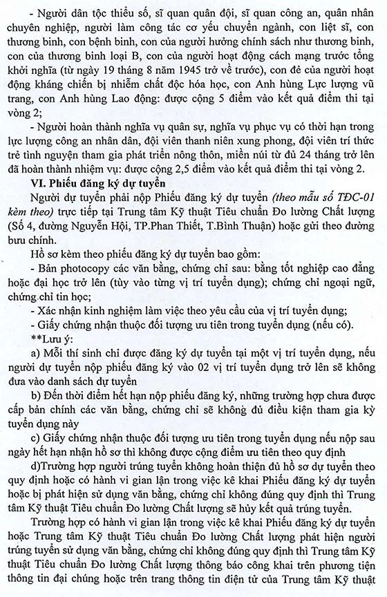 Trung tâm Kỹ thuật Tiêu chuẩn Đo lường Chất lượng Bình Thuận tuyển dụng viên chức năm 2020 