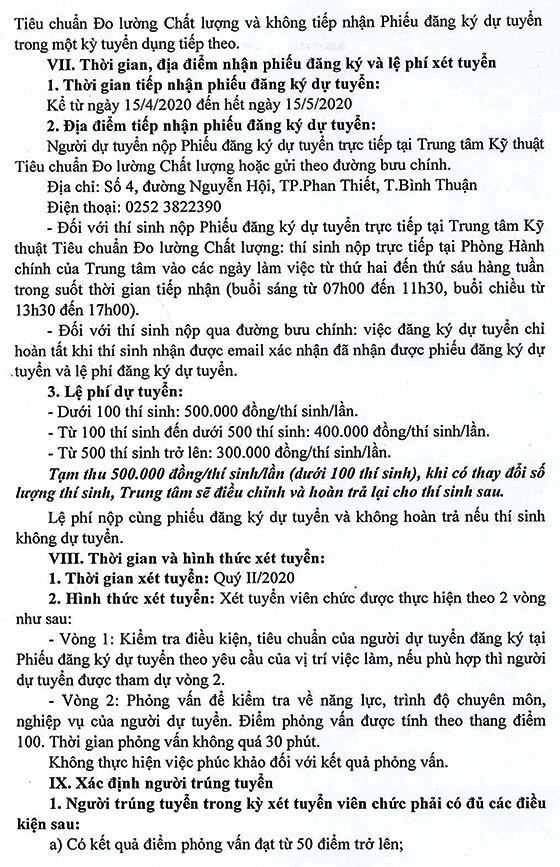 Trung tâm Kỹ thuật Tiêu chuẩn Đo lường Chất lượng Bình Thuận tuyển dụng viên chức năm 2020 