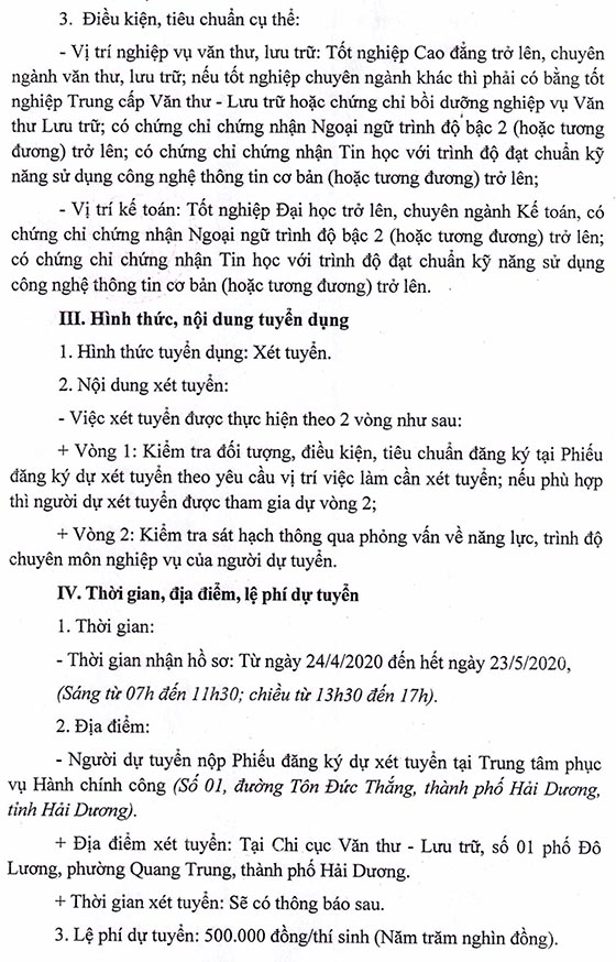 Trung tâm Lưu trữ lịch sử tỉnh Hải Dương xét tuyển viên chức năm 2020