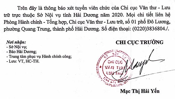 Trung tâm Lưu trữ lịch sử tỉnh Hải Dương xét tuyển viên chức năm 2020