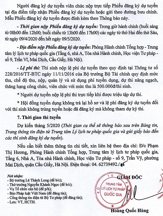 Trung tâm lý lịch tư pháp quốc gia tuyển dụng viên chức năm 2020