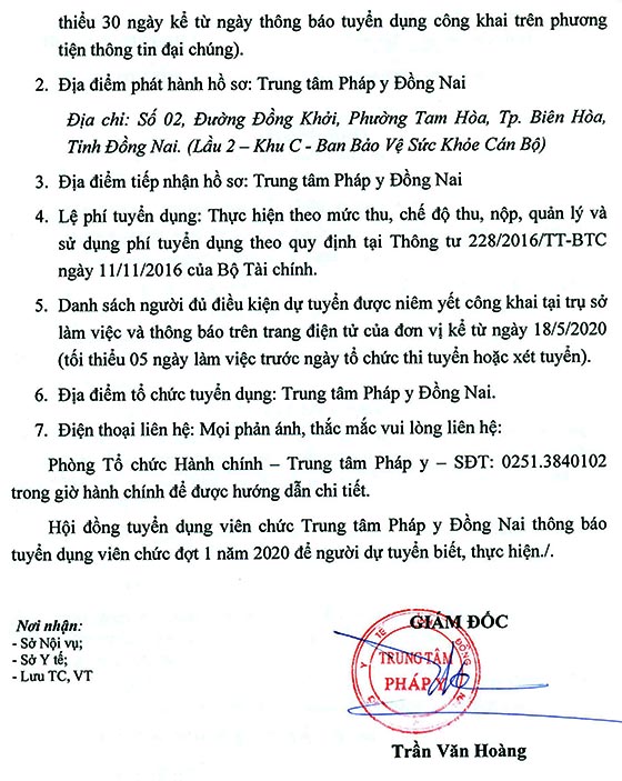 Trung tâm Pháp y tỉnh Đồng Nai tuyển dụng viên chức đợt 1 năm 2020