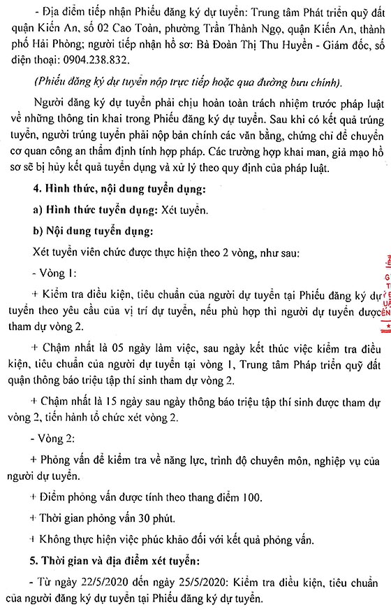 Trung tâm Phát triển quỹ đất quận Kiến An, TP.Hải Phòng tuyển dụng viên chức năm 2020