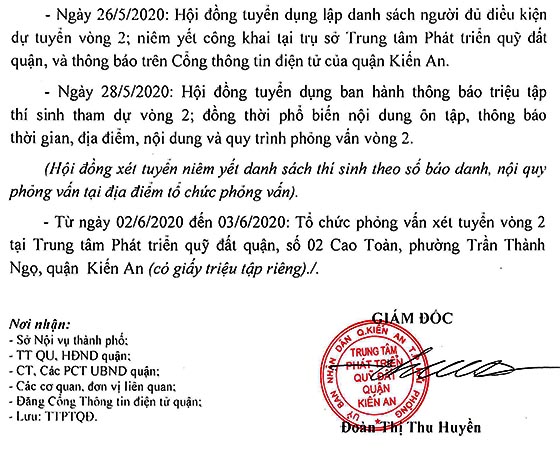 Trung tâm Phát triển quỹ đất quận Kiến An, TP.Hải Phòng tuyển dụng viên chức năm 2020
