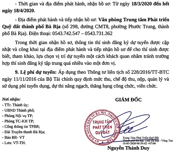 Trung tâm Phát triển Quỹ đất TP.Bà Rịa, Bà Rịa - Vũng Tàu tuyển dụng viên chức năm 2020