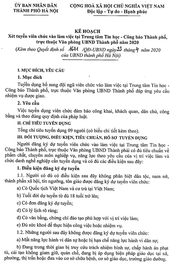 Trung tâm Tin học - Công báo TP.Hà Nội tuyển dụng viên chức năm 2020