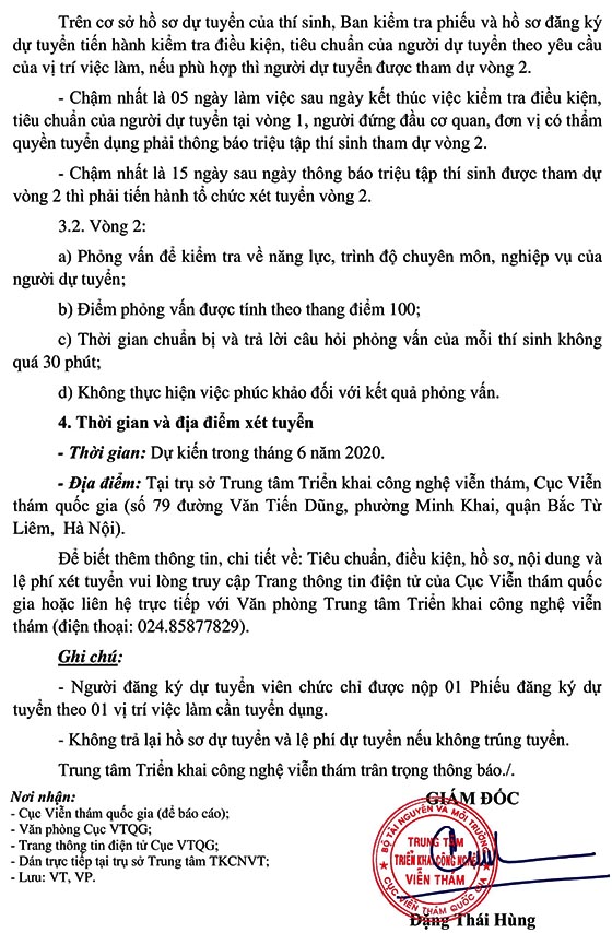 Trung tâm Triển khai công nghệ viễn thám tuyển dụng viên chức năm 2020