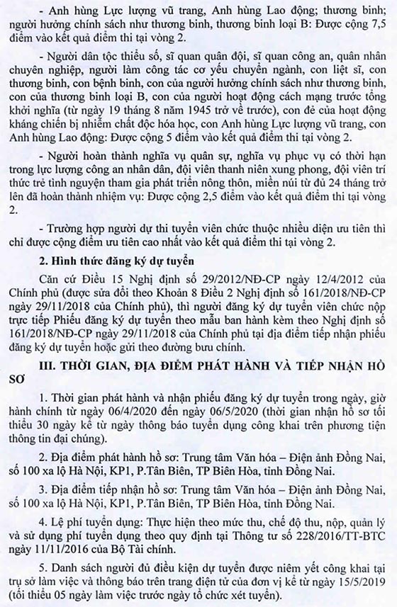 Trung tâm Văn hóa - Điện ảnh Đồng Nai tuyển dụng viên chức đợt I năm 2020