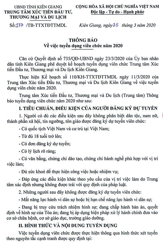 Trung tâm Xúc tiến Đầu tư, Thương mại và Du lịch Kiên Giang tuyển dụng viên chức năm 2020