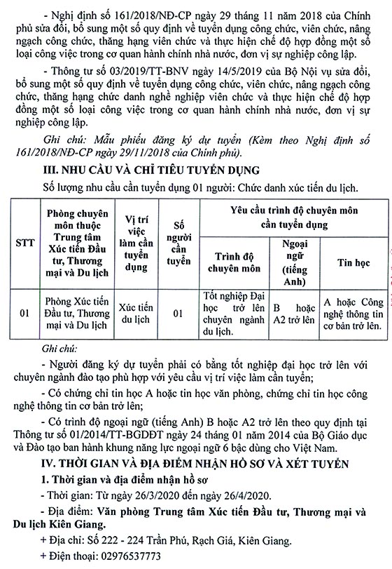 Trung tâm Xúc tiến Đầu tư, Thương mại và Du lịch Kiên Giang tuyển dụng viên chức năm 2020