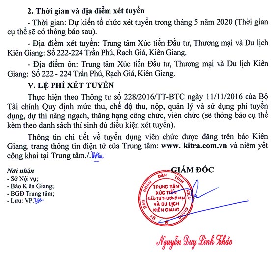 Trung tâm Xúc tiến Đầu tư, Thương mại và Du lịch Kiên Giang tuyển dụng viên chức năm 2020