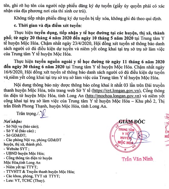 Trung tâm Y tế huyện Mộc Hóa, Long An tuyển dụng, tiếp nhận nhân viên năm 2020