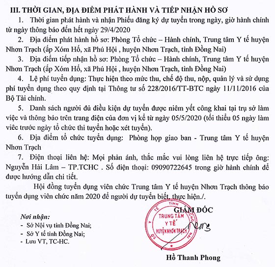 Trung tâm y tế huyện Nhơn Trạch, Đồng Nai tuyển dụng viên chức đợt 1 năm 2020