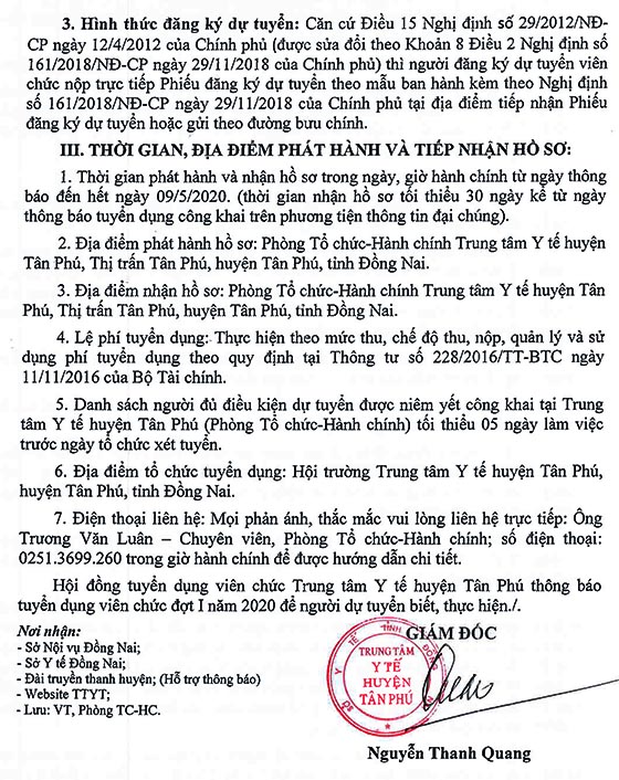 Trung tâm y tế huyện Tân Phú, Đồng Nai tuyển dụng viên chức đợt 1 năm 2020
