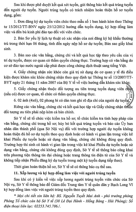Trung tâm Y tế quân dân y Bạch Long Vĩ, TP.Hải Phòng tuyển dụng viên chức năm 2020