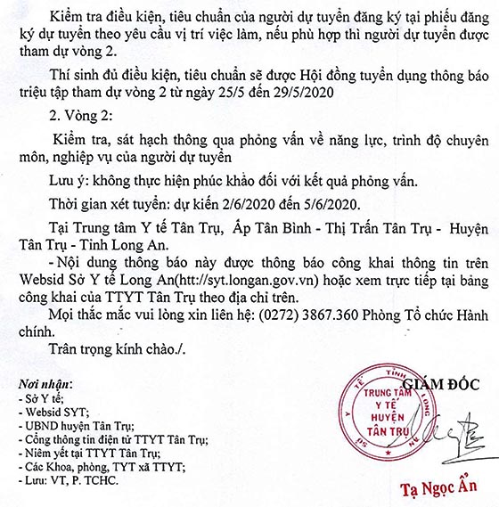 Trung tâm Y tế Tân Trụ, Long An tuyển dụng viên chức năm 2020
