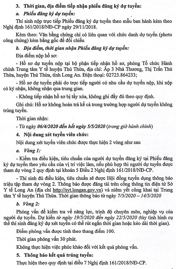 Trung tâm Y tế Thủ Thừa, Long An tuyển dụng viên chức năm 2020