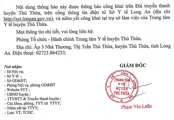 Trung tâm Y tế Thủ Thừa, Long An tuyển dụng viên chức năm 2020