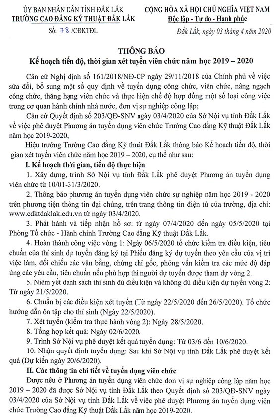Trường Cao đẳng Kỹ thuật Đắk Lắk tuyển dụng viên chức năm học 2019-2020