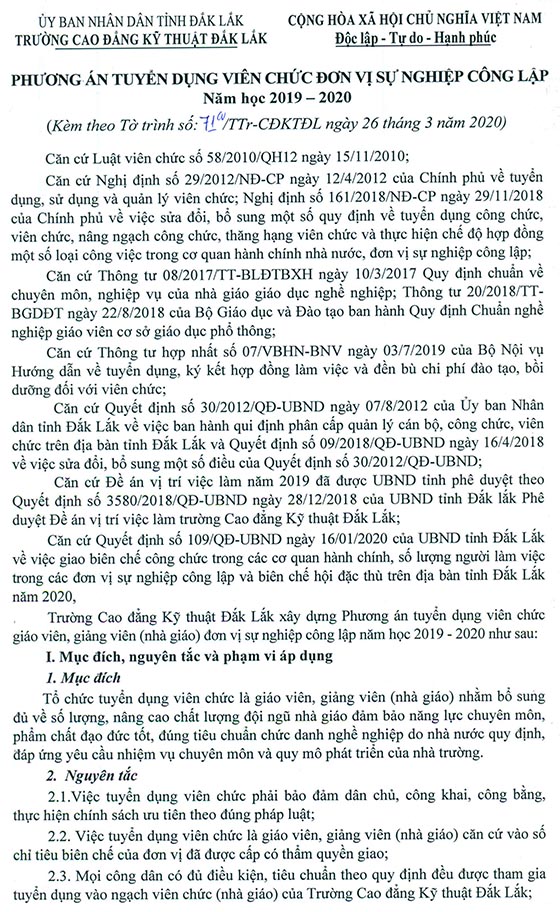 Trường Cao đẳng Kỹ thuật Đắk Lắk tuyển dụng viên chức năm học 2019-2020