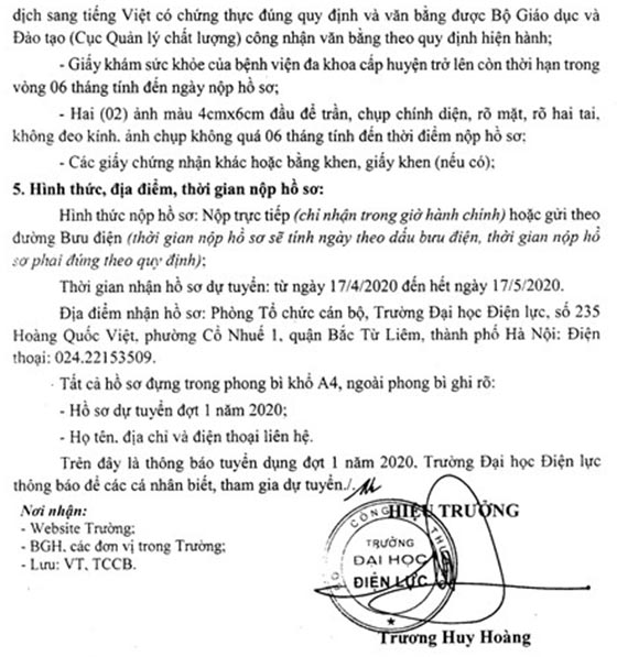 Trường Đại học Điện Lực tuyển dụng đợt 1 năm 2020