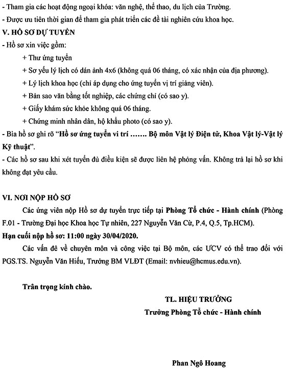 Trường Đại học Khoa học tự nhiên TP.HCM thông báo tuyển dụng năm 2020