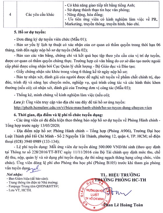 Trường Đại học Luật TP.HCM tuyển dụng chuyên viên năm 2020 (Lần 2)