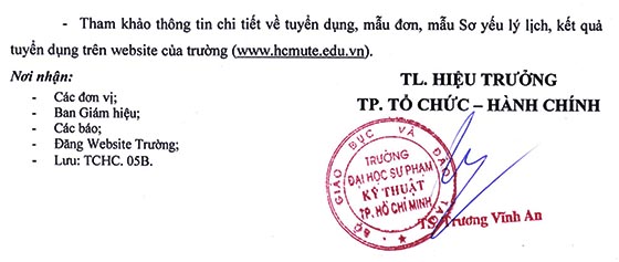 Trường Đại học Sư phạm Kỹ thuật TP.HCM thông báo tuyển dụng năm 2020