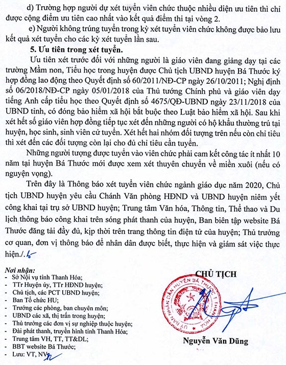UBND huyện Bá Thước, Thanh Hóa thông báo tuyển dụng giáo viên năm 2020
