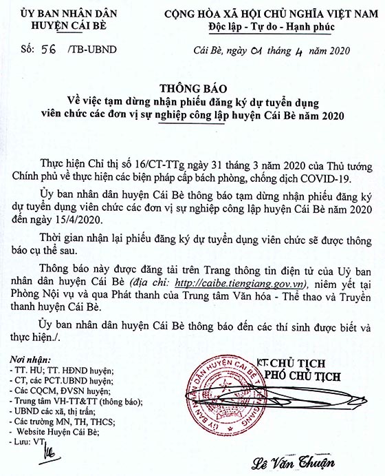 UBND huyện Cái Bè, Tiền Giang tạm dừng nhận Phiếu đăng ký tuyển dụng viên chức sự nghiệp công lập năm 2020