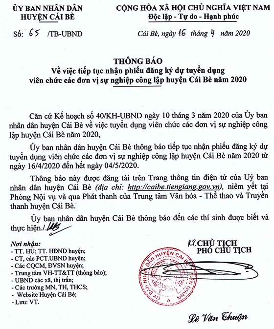 UBND huyện Cái Bè, Tiền Giang tiếp tục nhận phiếu đăng ký dự tuyển viên chức sự nghiệp công lập năm 2020