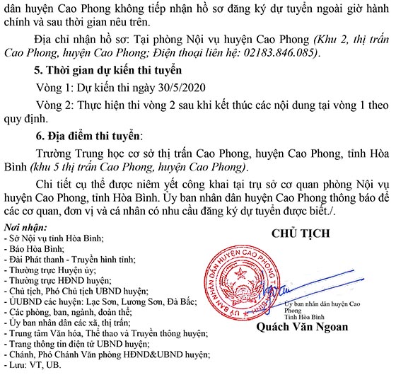UBND huyện Cao Phong, Hòa Bình tuyển dụng giáo viên năm 2020