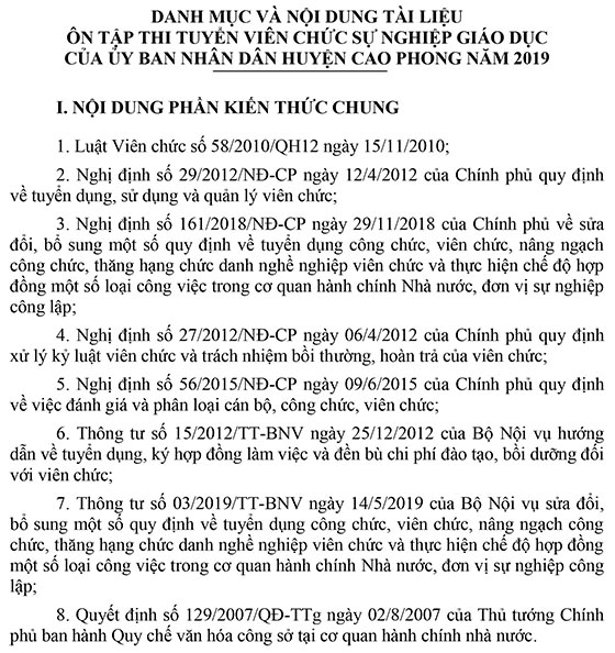 UBND huyện Cao Phong, Hòa Bình tuyển dụng giáo viên năm 2020