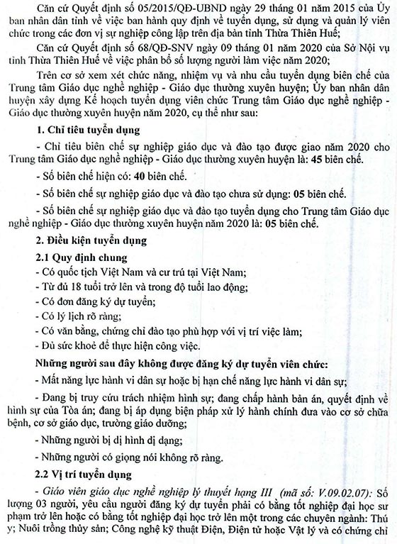 UBND huyện Phú Vang, Thừa Thiên Huế tuyển dụng viên chức năm 2020