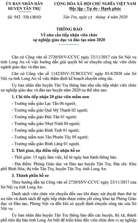 UBND huyện Tân Trụ, Long An tiếp nhận giáo viên năm 2020