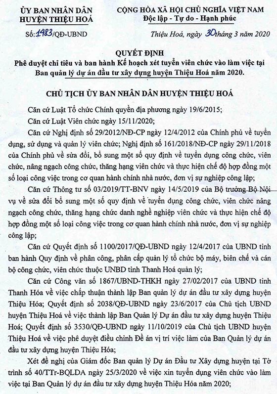 UBND huyện Thiệu Hóa, Thanh Hóa xét tuyển dụng viên chức năm 2020