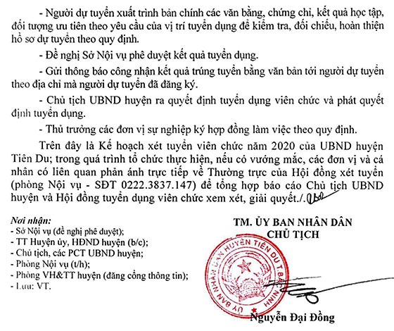 UBND huyện Tiên Du, Bắc Ninh tuyển dụng viên chức năm 2020