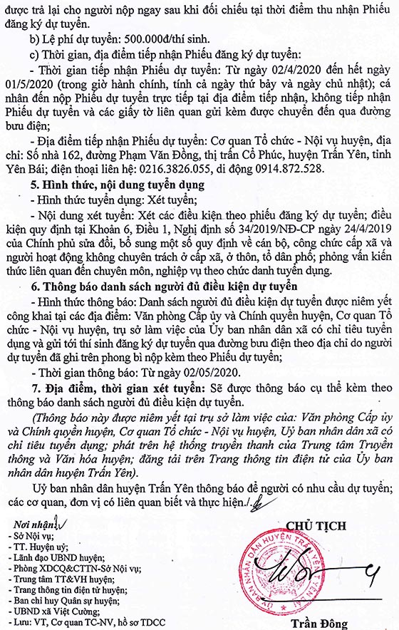 UBND huyện Trấn Yên, Yên Bái tuyển dụng công chức Chỉ huy Trưởng quân sự cấp xã năm 2020