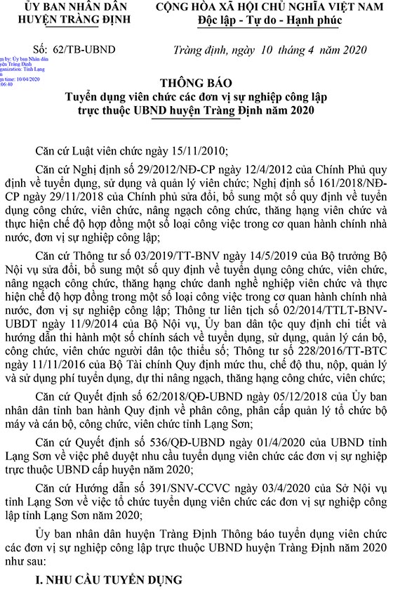 UBND huyện Tràng Định, Lạng Sơn tuyển dụng viên chức năm 2020