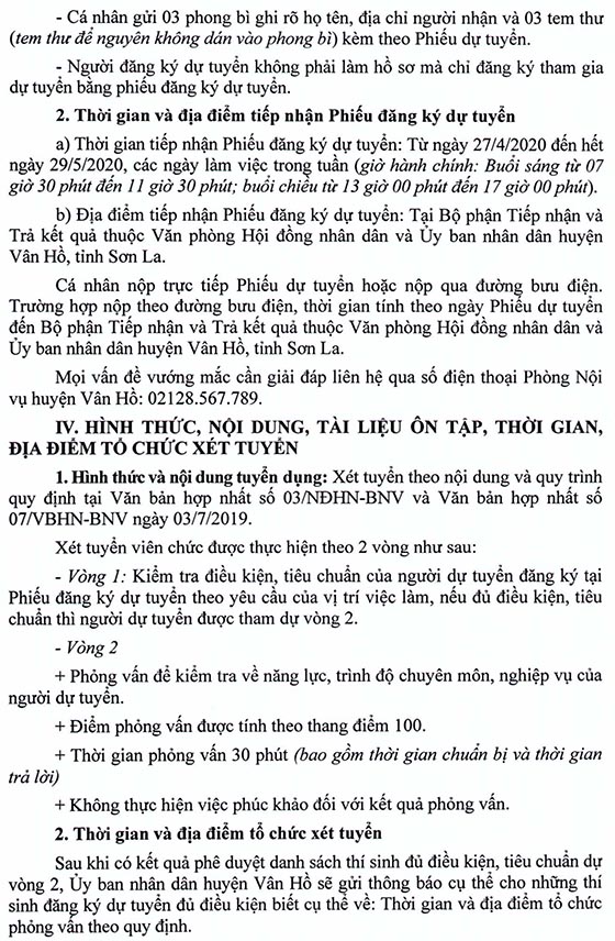UBND huyện Vân Hồ, Sơn La tuyển dụng giáo viên năm 2020