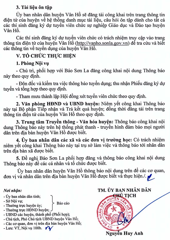UBND huyện Vân Hồ, Sơn La tuyển dụng giáo viên năm 2020