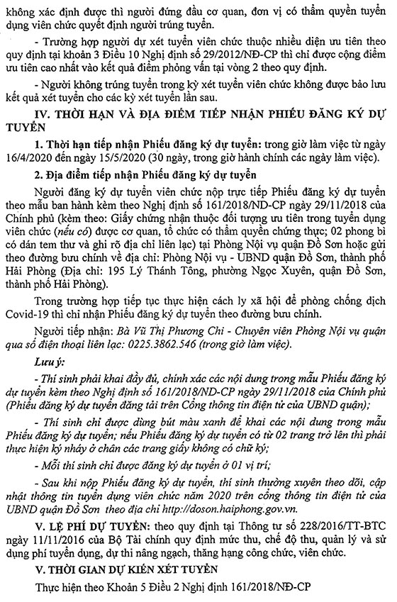 UBND quận Đồ Sơn, TP.Hải Phòng tuyển dụng giáo viên năm 2020
