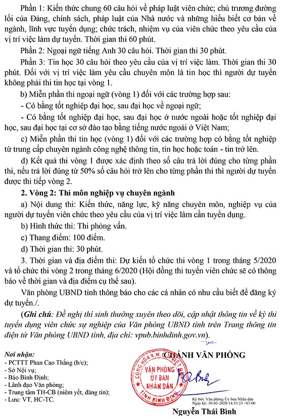 UBND tỉnh Bình Định tuyển dụng viên chức năm 2020