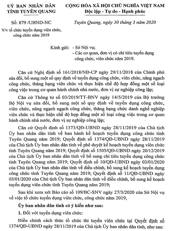 UBND tỉnh Tuyên Quang tạm dừng tổ chức tuyển dụng công chức năm 2019