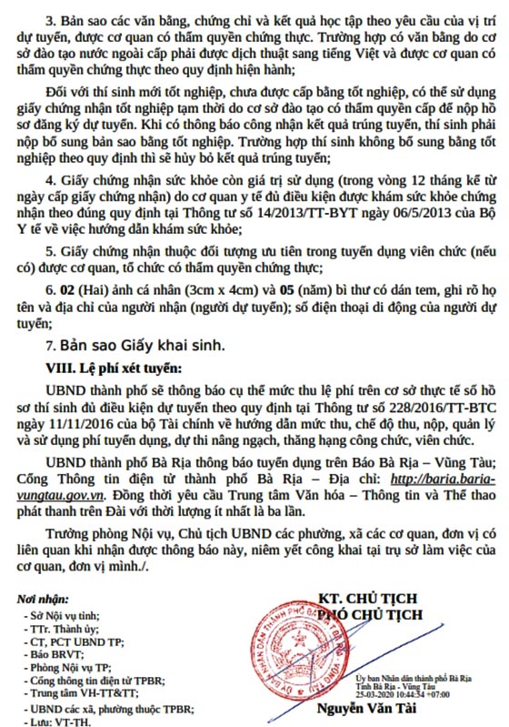 UBND TP. Bà Rịa, Bà Rịa - Vũng Tàu tuyển dụng viên chức năm 2020