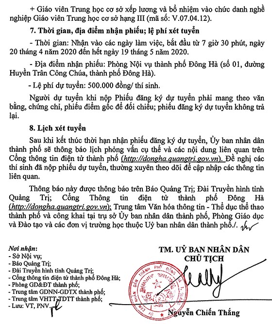 UBND TP.Đông Hà, Quảng Trị  xét tuyển giáo viên năm 2020