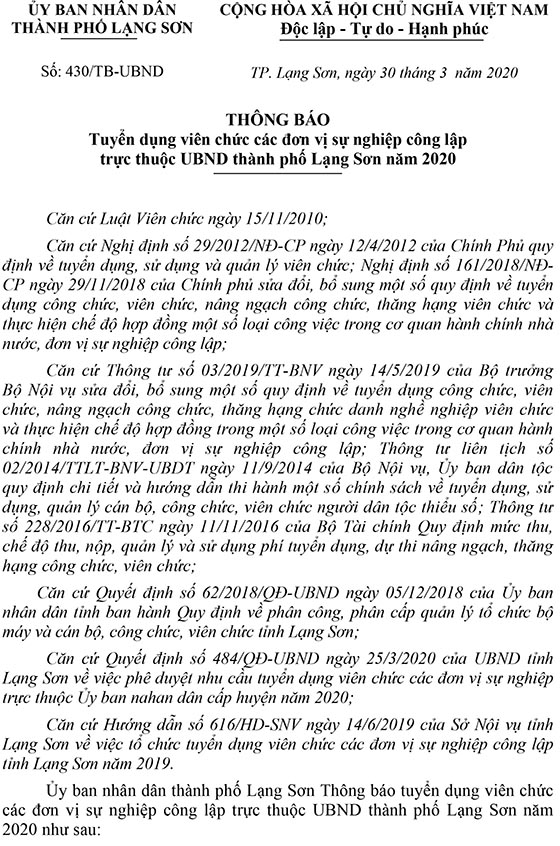 UBND TP.Lạng Sơn tuyển dụng viên chức năm 2020